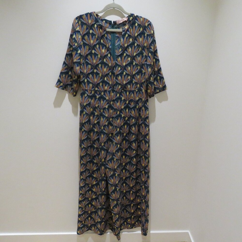 ANTHROPOLOGIE TRAFFIC PEOPLE Metallic Leaf Print Wide Leg Jumpsuit Boho - Size M - Picture 2 of 16